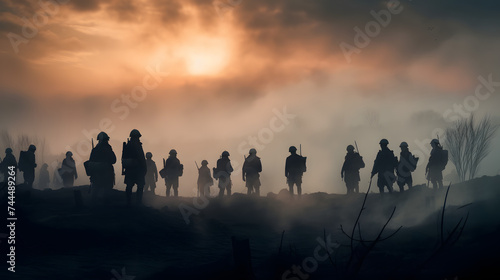  a large group of soldiers stand in the fog at sunset © Oleksandr