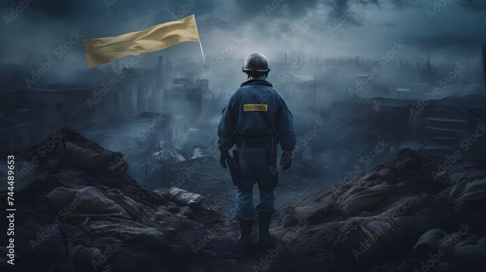 Obraz premium an army soldier looking at the Ukraine flag