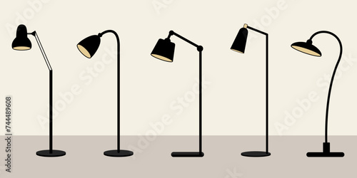 Set of five modern floor lamps with different shapes. Contemporary fashion, home and office lamp design, indoor object flat vector illustration.