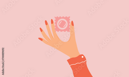 Female hands holding a condom. Contraception and birth control methods concept. Condom for safe sex. Vector flat style illustration.