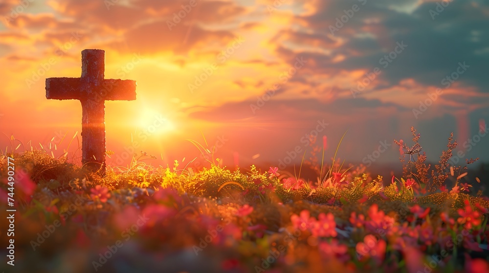Sunset Church Cross in a Field of Flowers