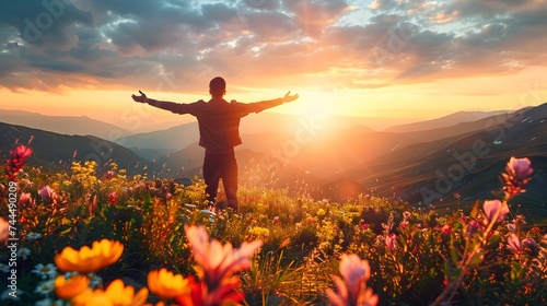 Man on Top of Mountain at Sunrise with Arms Outstretched