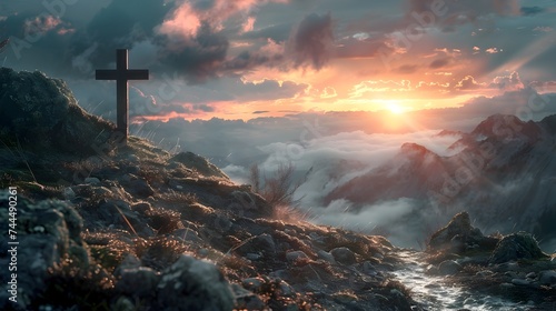 Mountaintop Cross at Dawn and Dusk in Dreamy Realism