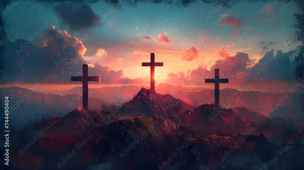 Three Crosses on a Mountaintop at Sunset - Religious Concept Art - obrazy, fototapety, plakaty 