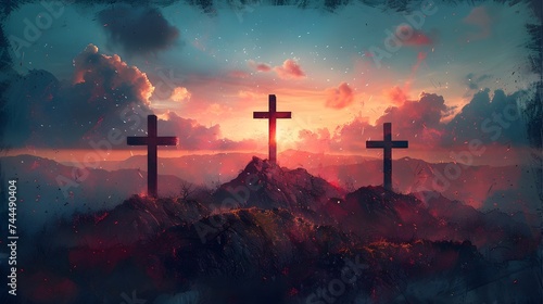 Three Crosses on a Mountaintop at Sunset - Religious Concept Art