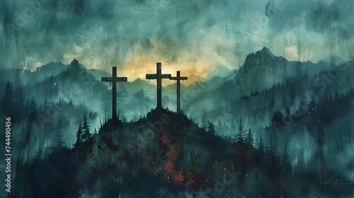 Post-Apocalyptic Crosses on Hilltop Painting