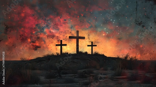 Three Crosses at Dusk on a Desert Hill