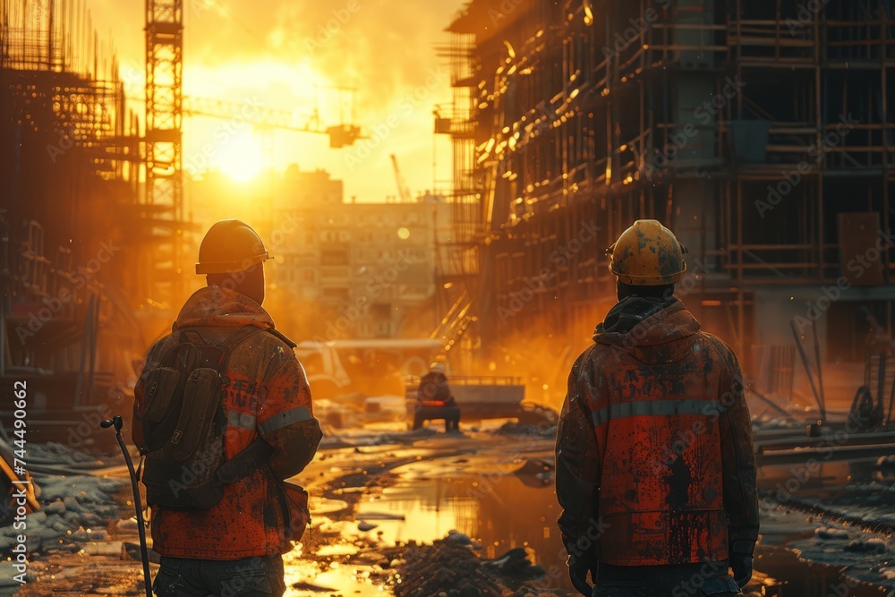 young construction workers looking over construction site and holding tablet at sunrise, in the style of reinforced concrete construction