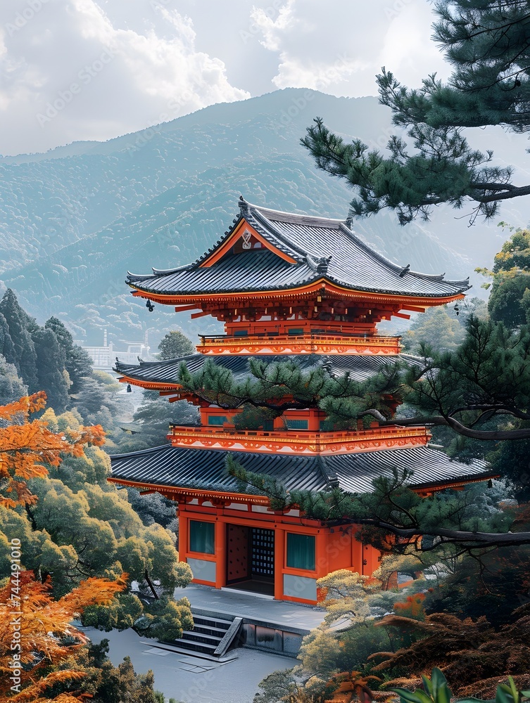 Japanese Pagoda in a Forested Mountain Setting