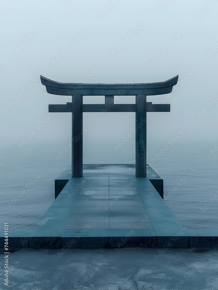 Japanese Torii Gate in Foggy Lake at Dusk