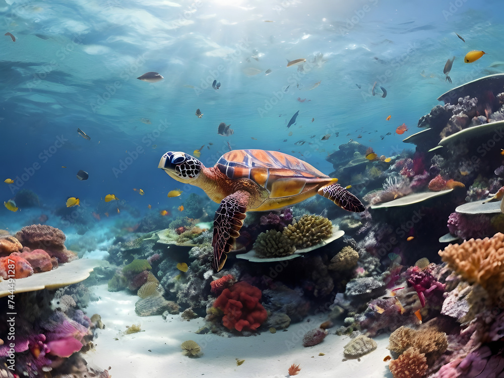 Turtle swimming in a coral reef Turtle swimming in a coral reef