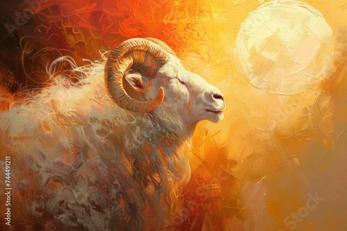 A striking painting depicting a powerful ram against the backdrop of a full moon. The rams imposing presence is enhanced by the mystical glow of the moon photo