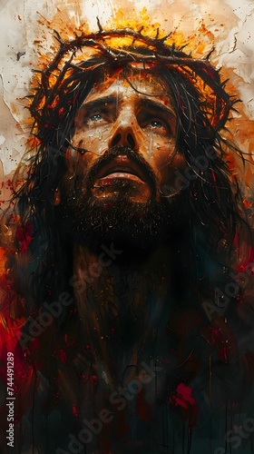 Jesus with Crown of Thorns and Fiery Eyes in Realistic Portrait
