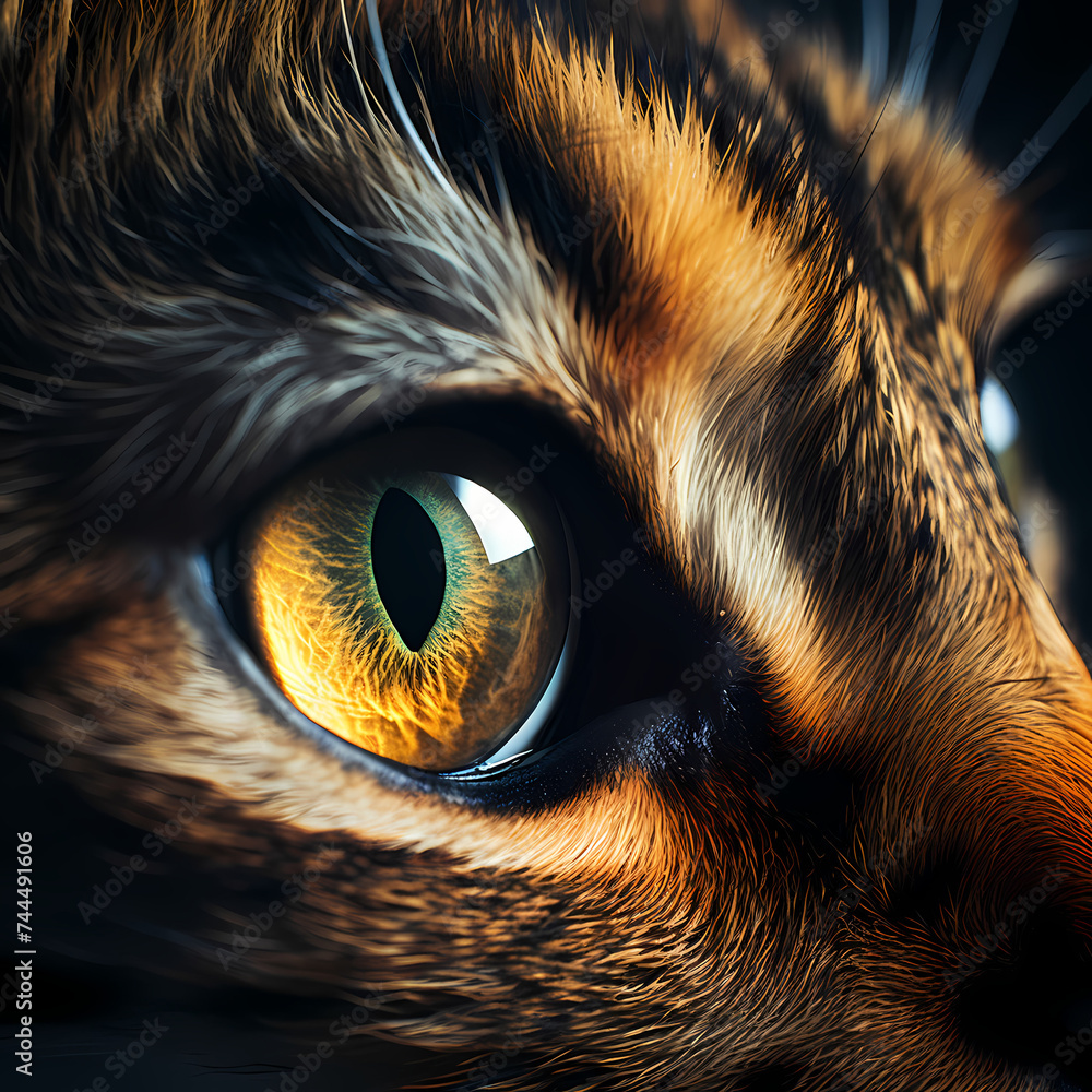 Close-up of a cats eyes in the moonlight.