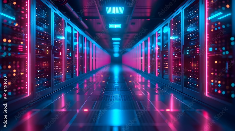 Data Center with Bright Neon Lights Data Center with Bright Neon Lights