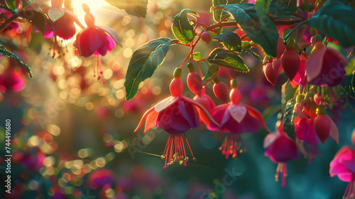 Fuchsia flowers bathed in soft morning light.