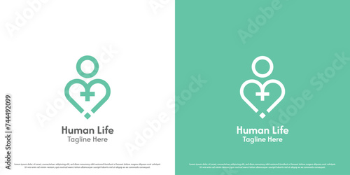 Health life logo design illustration. Silhouette of person shape plus cross health green eco bio balance fit fitness wellness healthcare. Mint geometric abstract minimal simple icon symbol.