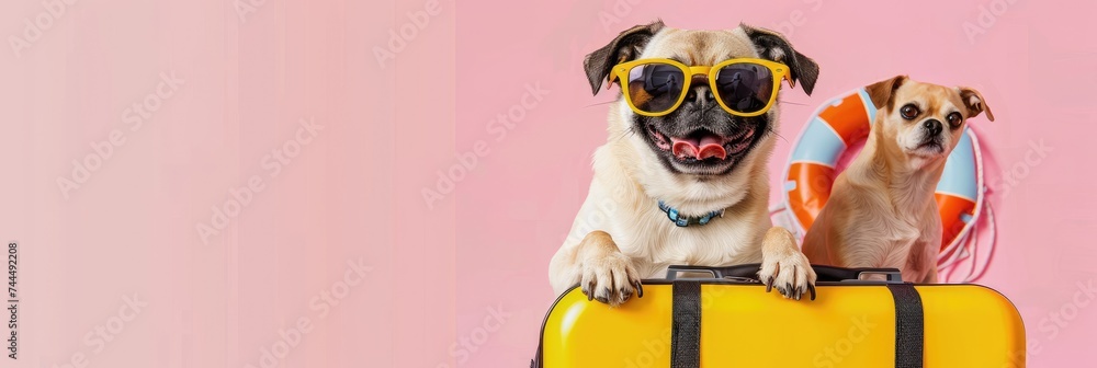 Two dogs with a suitcase and travel accessories on a pink background with space for text. Preparing for summer vacation. with family, with friend.