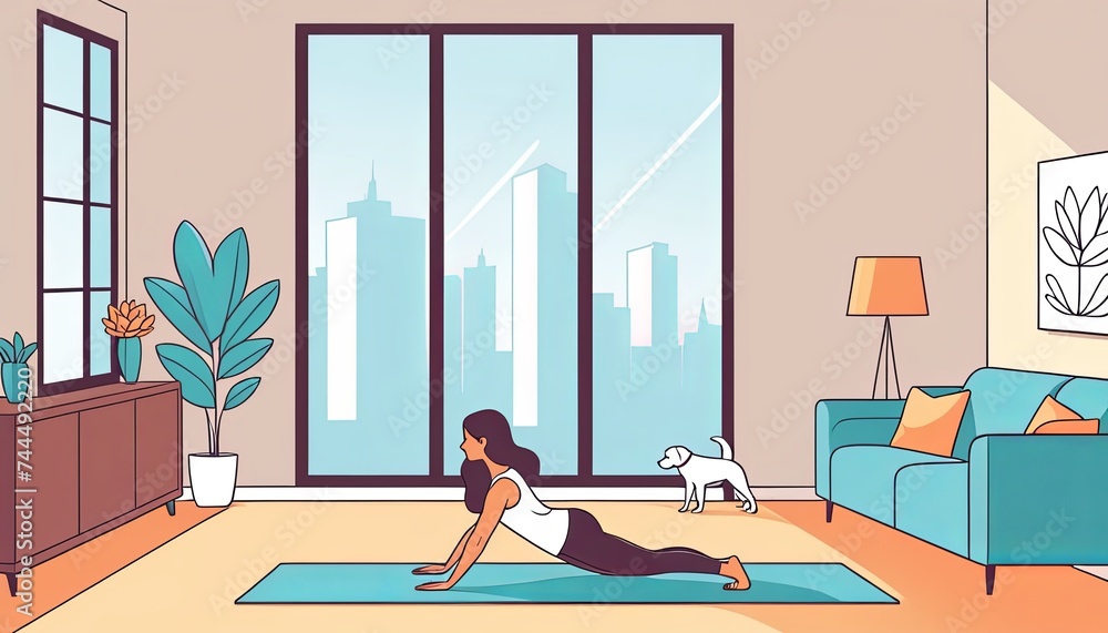 Woman practices yoga, dog nearby, home setting. Cartoon style, lifestyle depiction, interior scene. Meditation and sport emphasized. Woman practices yoga, dog nearby, home setting. Cartoon style, lifestyle depiction, interior scene. Meditation and sport emphasized.