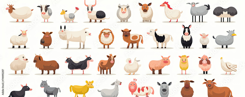 Various farm animals on white isolated background.  Farm animals like chick, pig, cow, sheep