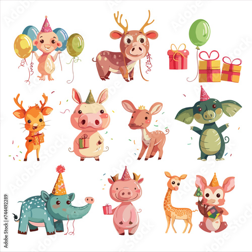 Fototapeta Naklejka Na Ścianę i Meble -  Cute adorable animals celebrating birthday set. Amus