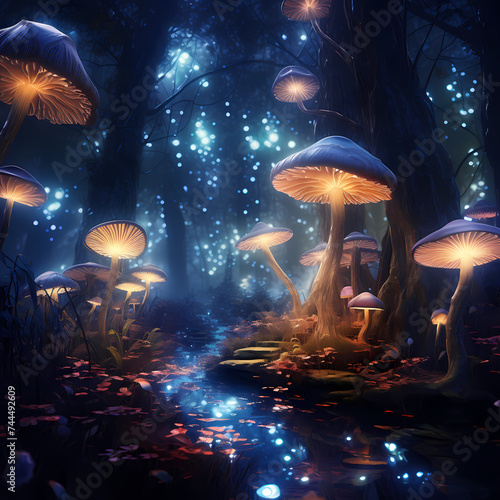 Enchanted forest with glowing mushrooms. © Cao