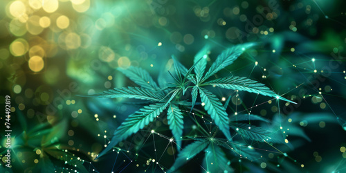 A cannabis plant with glowing network connections  symbolizing the fusion of nature and technology.