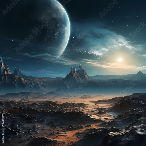 Lunar landscape with Earth in the background.