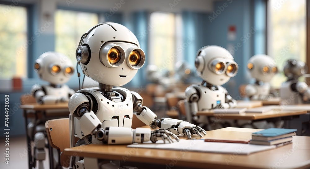 Robots in school room studying as student Robots in school room studying as student