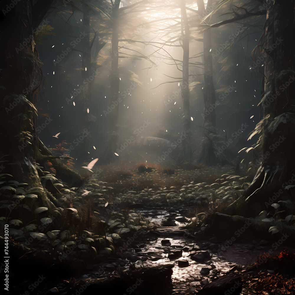 Mystical foggy forest with hidden creatures.