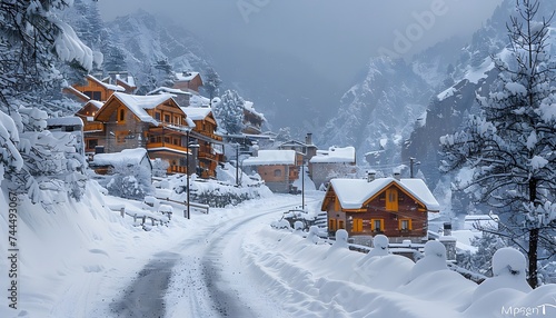 Wallpaper Mural Village house with Mountain view, winter, generated by AI Torontodigital.ca