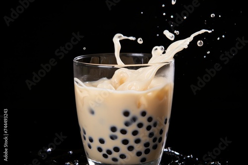 Refreshing bubble tea milkshake in glass with splashing milk in high quality image