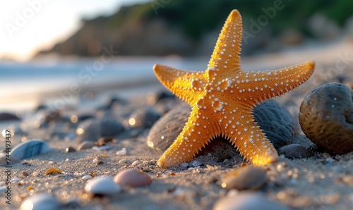 starfish shell on the beach in sunset light with light waves and white sand © Beny