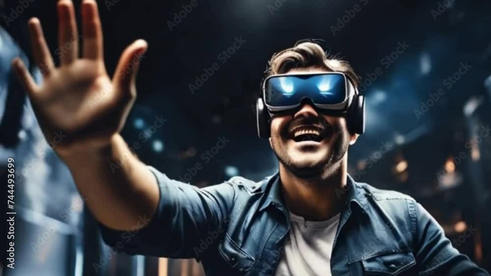 a close-up of a virtual reality developer testing an immersive VR experience, with VR headset on, hands gesturing in the air, and a look of wonder on their face. a close-up of a virtual reality developer testing an immersive VR experience, with VR headset on, hands gesturing in the air, and a look of wonder on their face.
