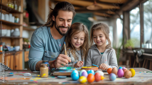 A family, a father and two young daughters have fun coloring Easter eggs together.