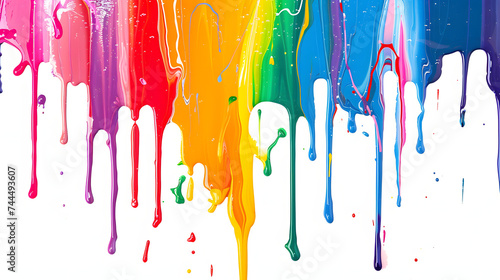 Rainbow colored paint dripping on white background. Banner with colored oil streaks