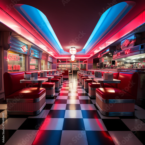Retro diner with neon signs and checkered floors. 