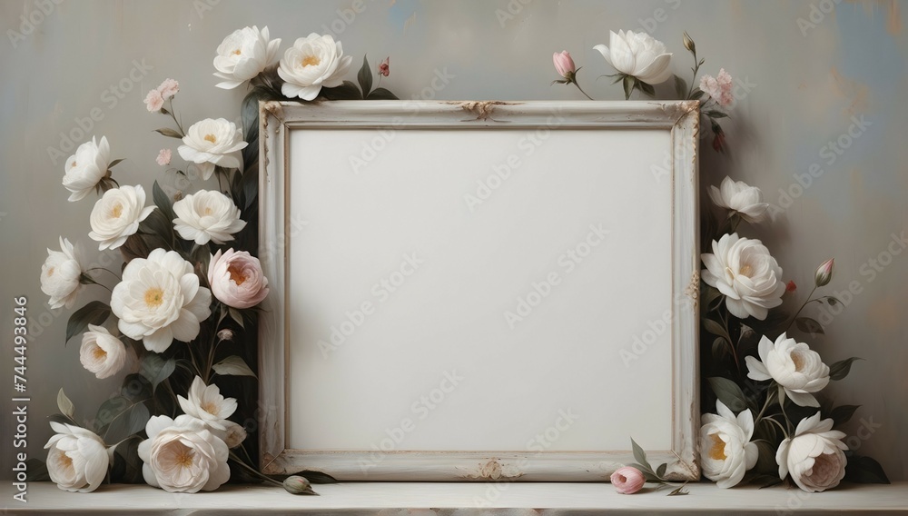 The perfect blend of simplicity and beauty, a blank frame set against a stunning mockup background of delicate flowers. - obrazy, fototapety, plakaty 