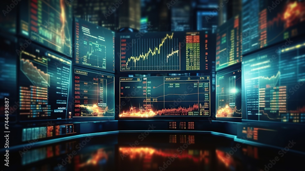 exchange charts, numbers and world trading map displayed on multi screens, background with stock market candle sticks chart