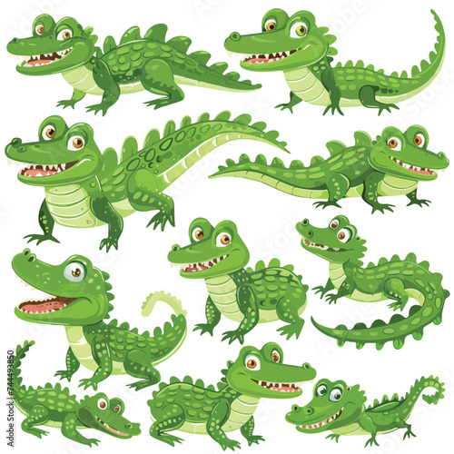 Cute friendly green crocodiles set. Lovely baby alli