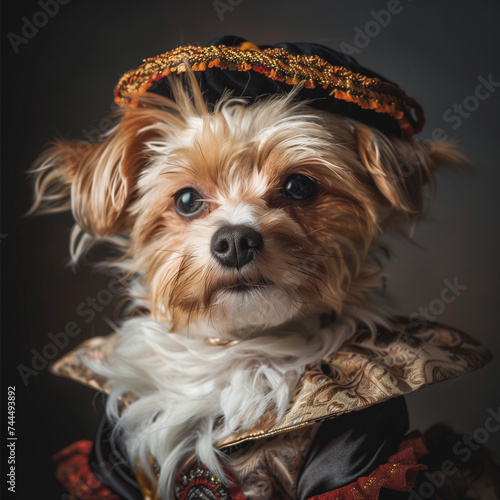 Regal Canine Elegance: Small Dog Adorned in a Decorative Costume with a Majestic Hat, High-Resolution Portrait