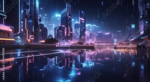 Trail lights and building light reflections in a futuristic city