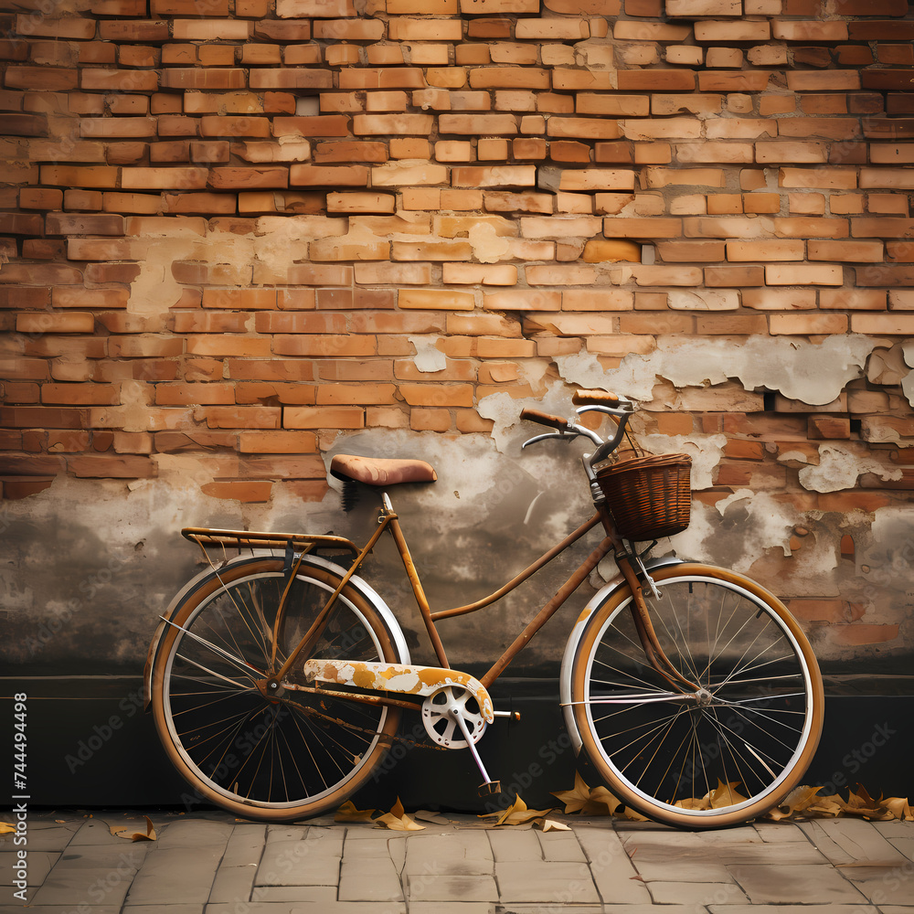 Vintage bicycle against a rustic brick wall.