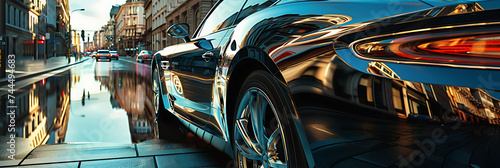 A cityscape reflected in the sleek surface of a luxury car, capturing the essence of urban sophistication