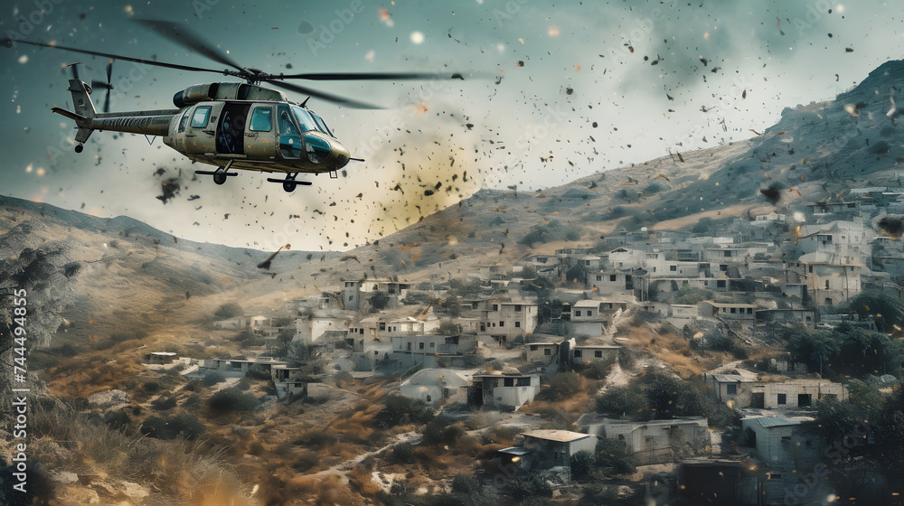 the soldier is standing behind some rocks and a helicopter is flying over the soldier is standing behind some rocks and a helicopter is flying over