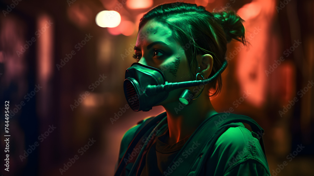 a woman in a green green neon dress with a gas mask a woman in a green green neon dress with a gas mask