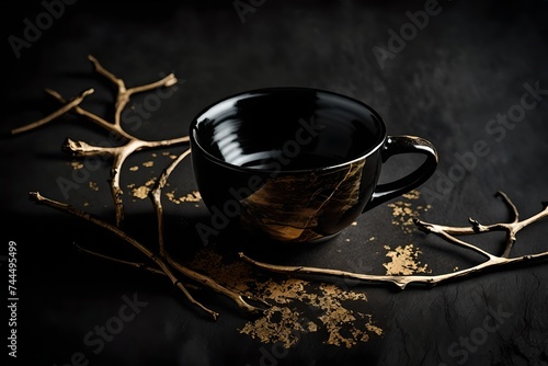 black coffe cup , kintsugi golden marbling technique , classy handcrafted ceramic and wood sticks