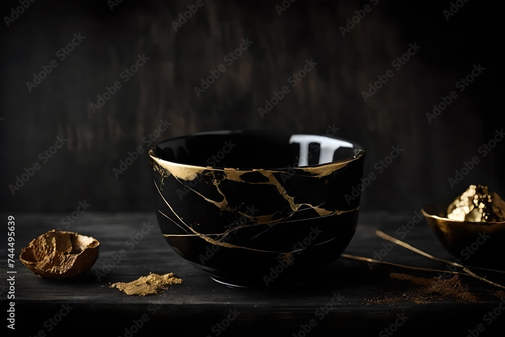 Kintsugi art of ceramic , black bowl with golden cracks and marbling effect Kintsugi art of ceramic , black bowl with golden cracks and marbling effect