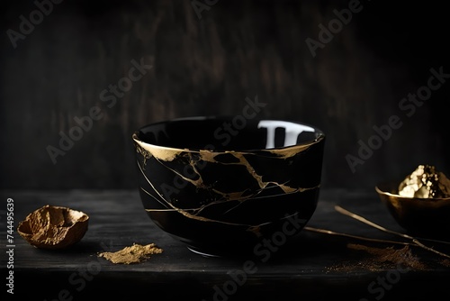 Kintsugi art of ceramic , black bowl with golden cracks and marbling effect