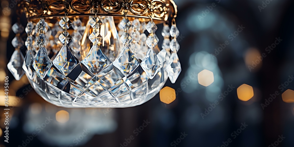 Luxurious crystal chandelier with intricate design and sparkling light reflections. Concept Luxurious Decor, Crystal Chandelier, Intricate Design, Sparkling Light Reflections